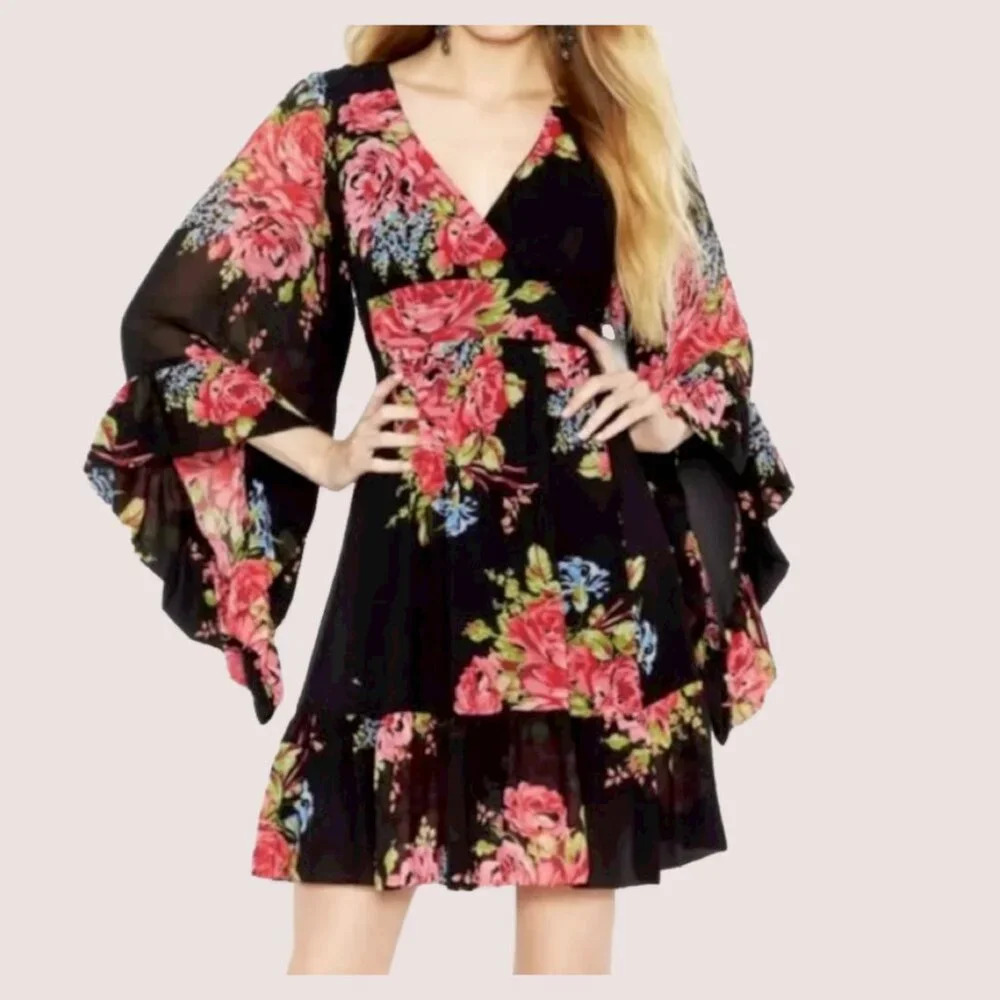 Y2k Betsey Johnson Iconic Bambi Kimono Sleeve Ruffle Dress Black Pink Roses Vint